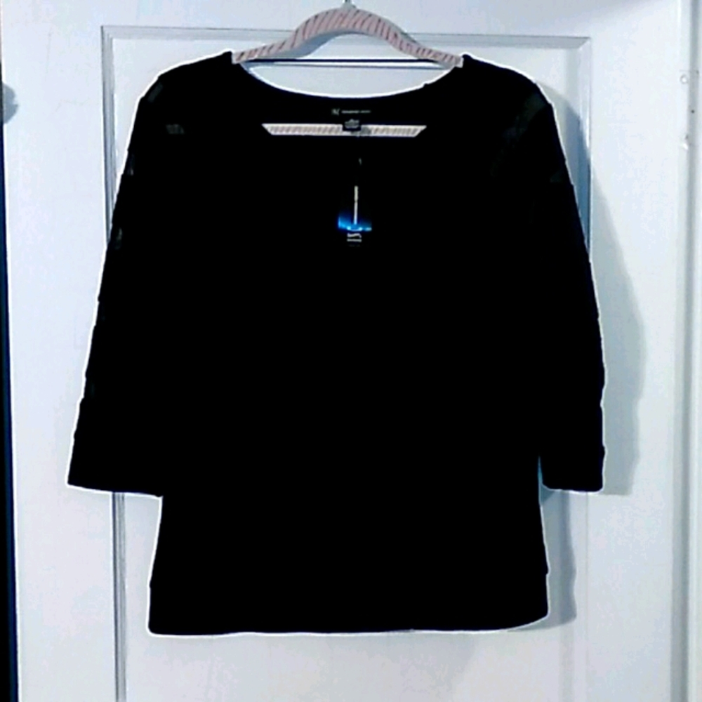 INC Black Knit Top w/sheer Striped Sleeves Med